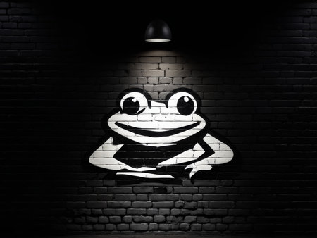 a white frog with black brick walls wallの素材