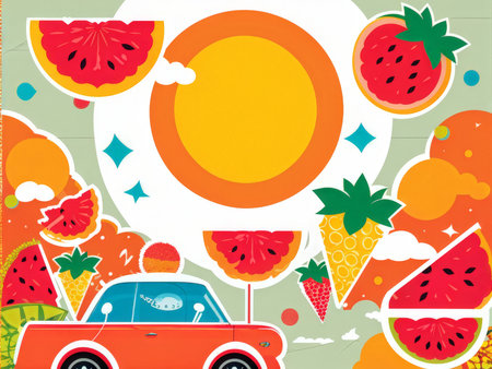 summer card with fruits, vector illustrationの素材