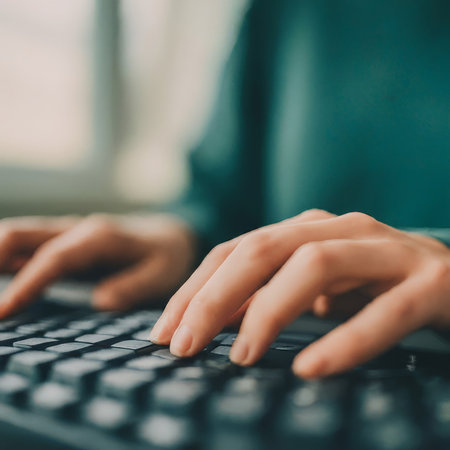close - up of woman typing on laptop keyboardの素材