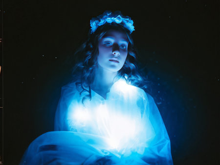 young pretty woman in blue dress with garland on head posing the dark roomの素材