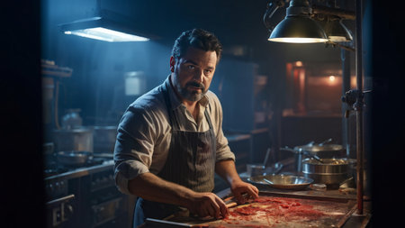 portrait of handsome man in apron cooking at kitchen.の素材
