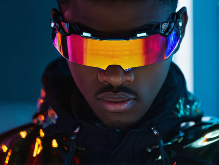 young african american male in glasses modern clothes and futuristic realityの素材
