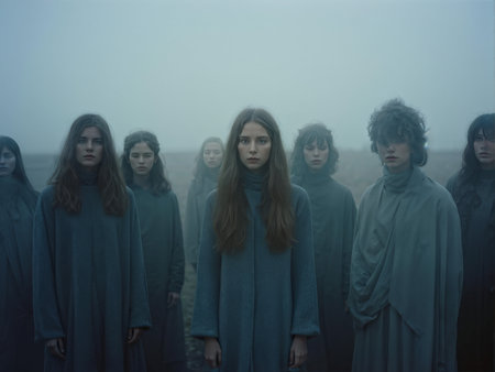 portrait of a group beautiful young people in the fogの素材