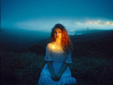 girl in a blue dress with candle the forestの素材