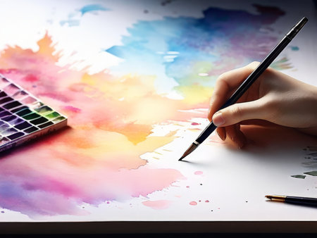 hand holding brush on watercolor paperの素材