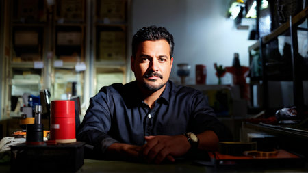 portrait of a young man in workshopの素材