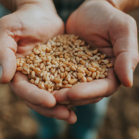 close - up of farmer hand holding a bunch wheat in wheat.の素材