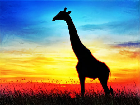 beautiful giraffe on a background of colorful sunsetの素材