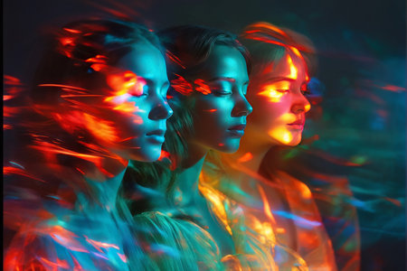 two beautiful female model with neon make - up makeupの素材