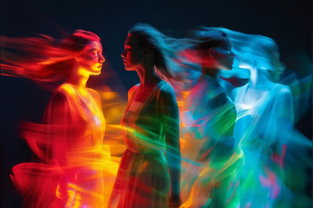 abstract background of a beautiful woman with rainbow and colorful lightの素材