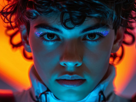 beautiful girl with a blue light and bulb on her face.の素材