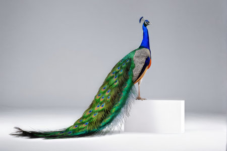 peacock with blue feathers on a white background.の素材