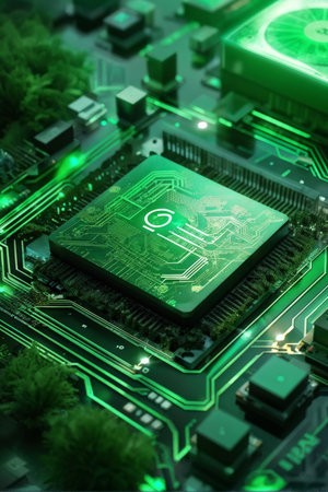 3d image of a computer chip circuit board with green leafの素材