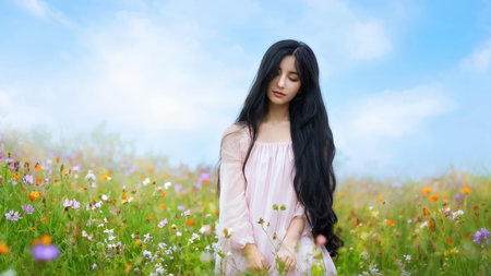 young woman in a white dress the field of flowersの素材