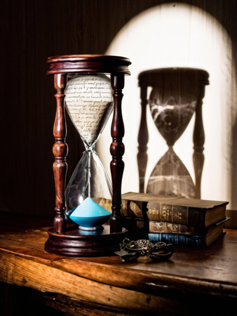 old hourglass and on the background of books. time conceptの素材