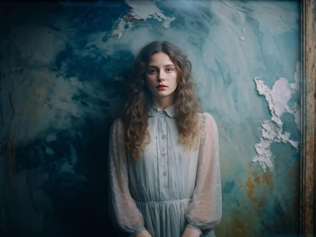 girl in the studio. woman white dressの素材