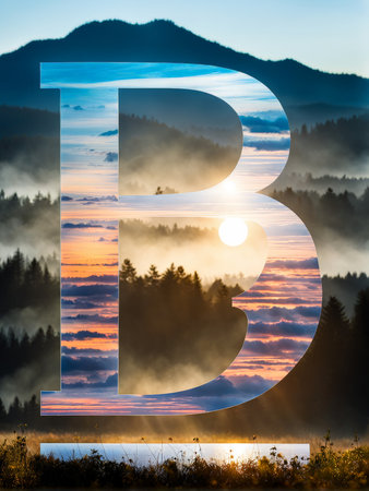 the letter b is written in a mountain lake. beautiful morningの素材