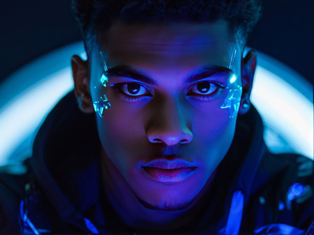 young african american man in neon lightsの素材