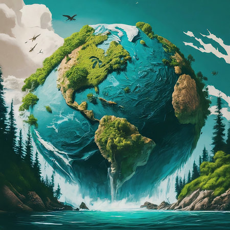 3d illustration of the planet earth and a beautiful landscape with viewの素材