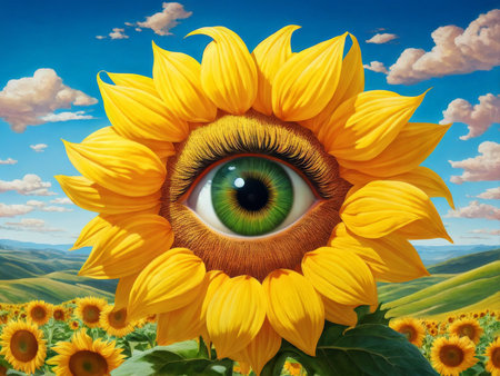 3d illustration of a sunflower with faceの素材
