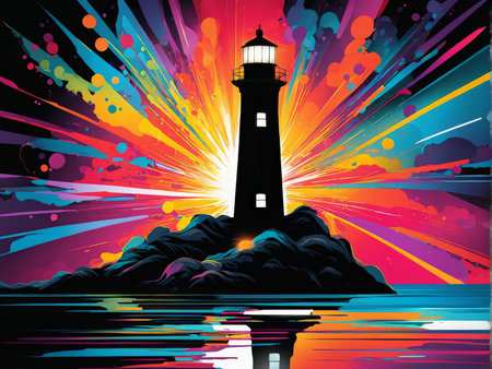 colorful lighthouse with sun and wavesの素材