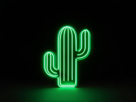 neon glowing cactus on black backgroundの素材