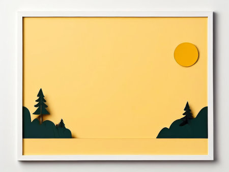 minimal scene with geometric shapes and mountains in pastel colors on yellow background . artの素材