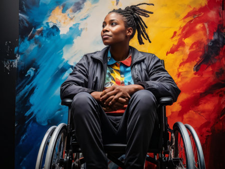 young african american woman with wheelchair sitting on the looking at camera smiling open arms .の素材