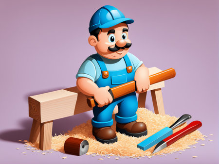 3d image of a carpenter working in an empty wooden box with hammer and board .の素材