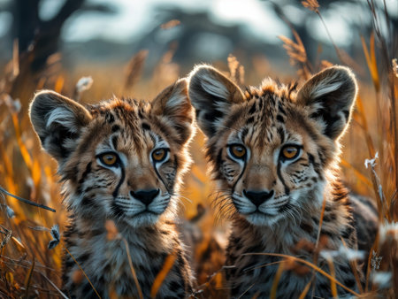 two young cats playing in the grassの素材