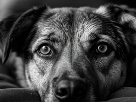 black and white portrait of sad dogの素材