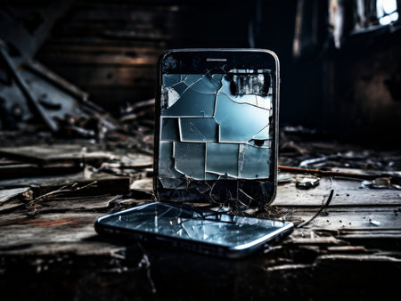 mobile phone on the background of a cracked screenの素材