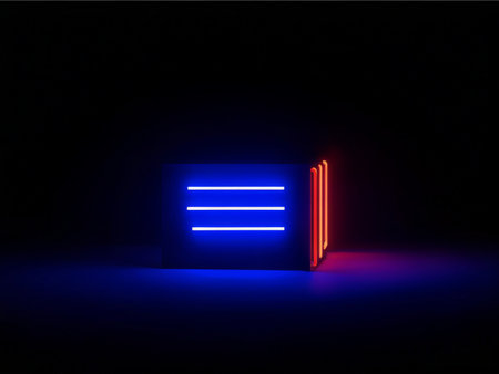 blue neon glowing podium on black background.の素材