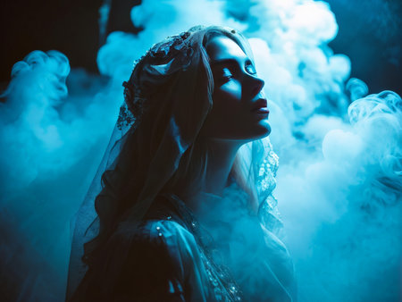 young woman in blue dressの素材