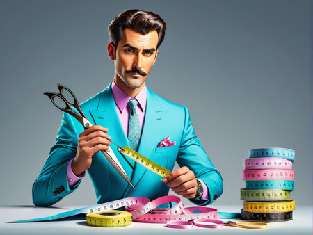 handsome businessman with a bow tie and mustache on pink backgroundの素材