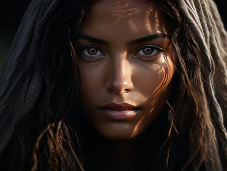 young beautiful woman with long brown curly hairの素材