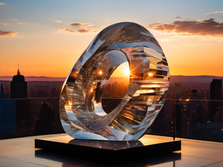 3d imageing of a modern glass marble with globe on sunset backgroundの素材