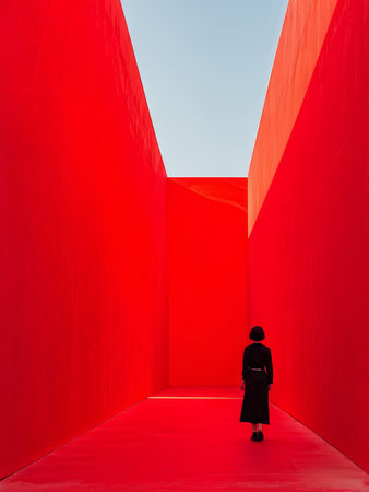 red and white photo of a man with backpack on the streetの素材
