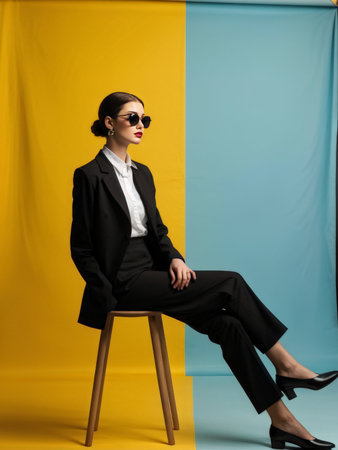beautiful girl in a suit and sunglasses sits on chair yellow background studioの素材