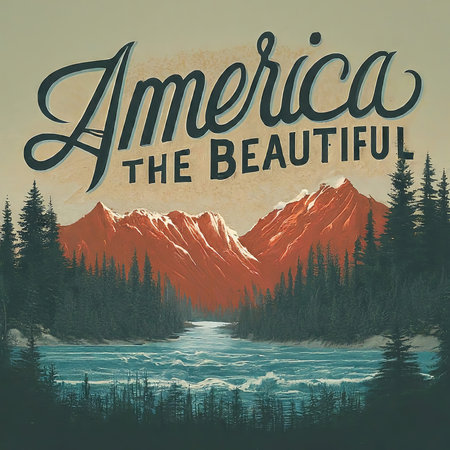 vintage poster with a mountain landscapeの素材