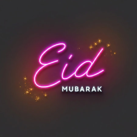 eid mubarak greeting card with glowing stars on dark backgroundの素材