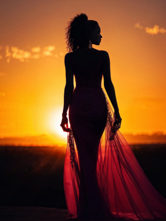 silhouette of a beautiful girl in red dress sunset lightの素材