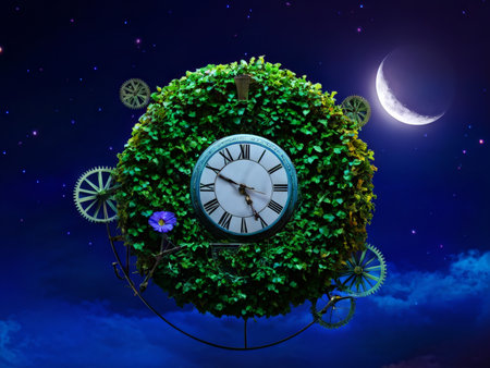 night landscape with clock, moon, stars, trees and flowers. time is the moon. 3d imageingの素材