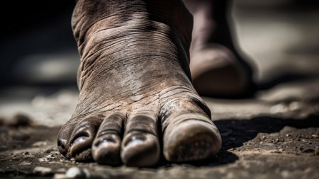 a closeup shot of black and white male feet in wet ground close upの素材