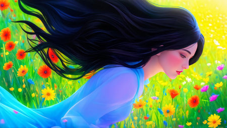 illustration of a girl with blue dressの素材