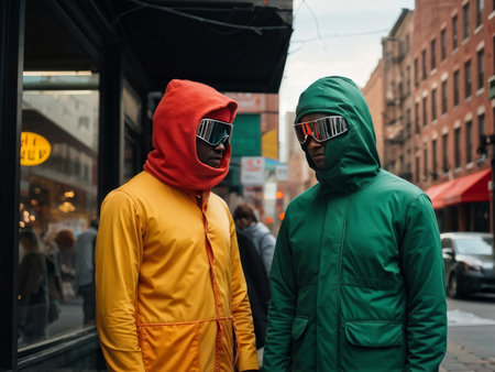 two men with face masks and red jacket jacketsの素材