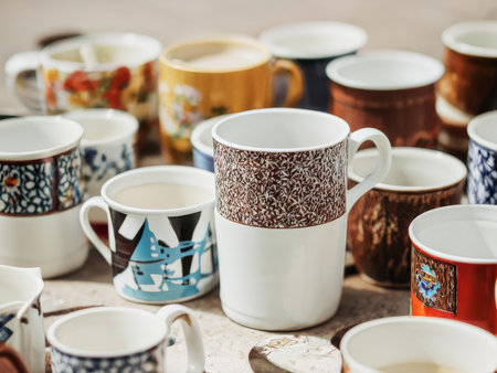 ceramic cups with tea on a wooden tableの素材