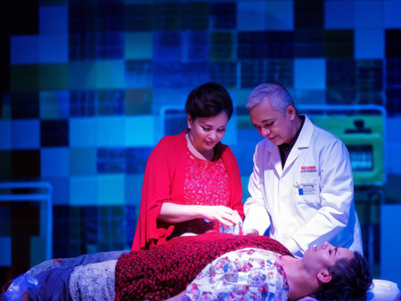 a man is sitting at table with woman and manaの素材