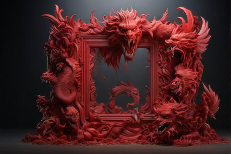 red and white dragon in a glass of black backgroundの素材