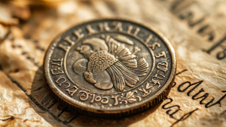 coin with a wooden surface on the tableの素材